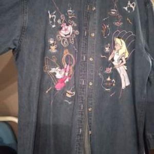 Vintage chambray Alice in Wonderland button-up Ladies embroidered blouse.